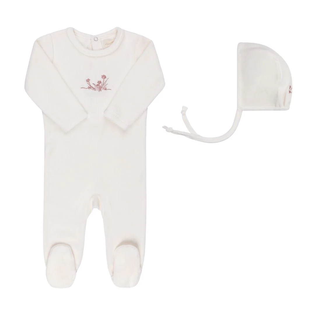 Velour Embroidered Flowers Collection - Footie + Bonnet - Image 3