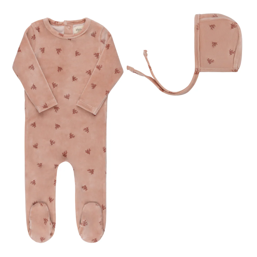 Velour Leaf Pattern Collection - Footie + Bonnet