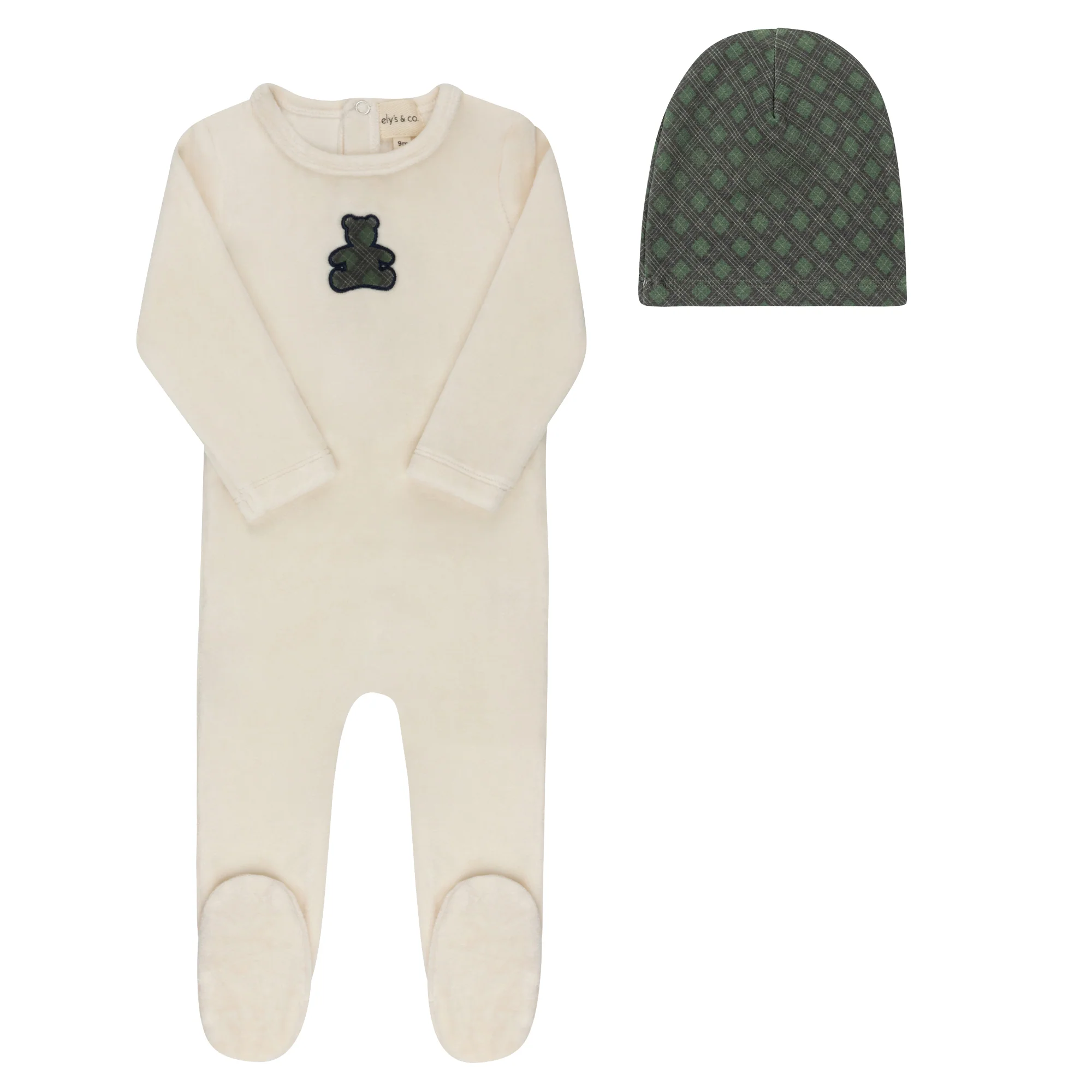 Velour Plaid Bear Collection - Footie + Beanie